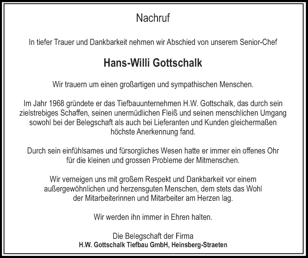  Traueranzeige für Hans-Willi Gottschalk vom 19.02.2023 aus Zeitung am Sonntag