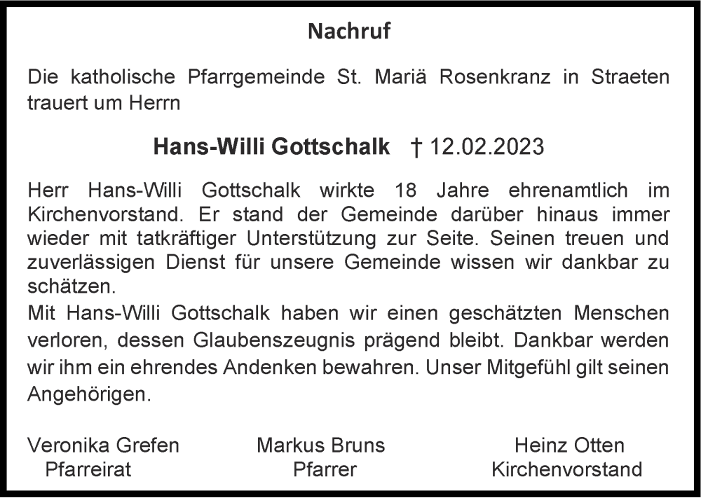  Traueranzeige für Hans-Willi Gottschalk vom 19.02.2023 aus Zeitung am Sonntag