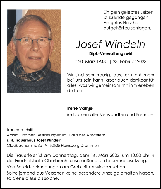 Traueranzeige von Josef Windeln von Zeitung am Sonntag