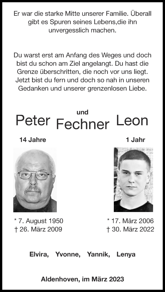  Traueranzeige für Leon Fechner vom 26.03.2023 aus Zeitung am Sonntag