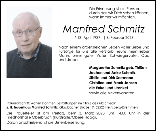 Traueranzeige von Manfred Schmitz von Zeitung am Sonntag