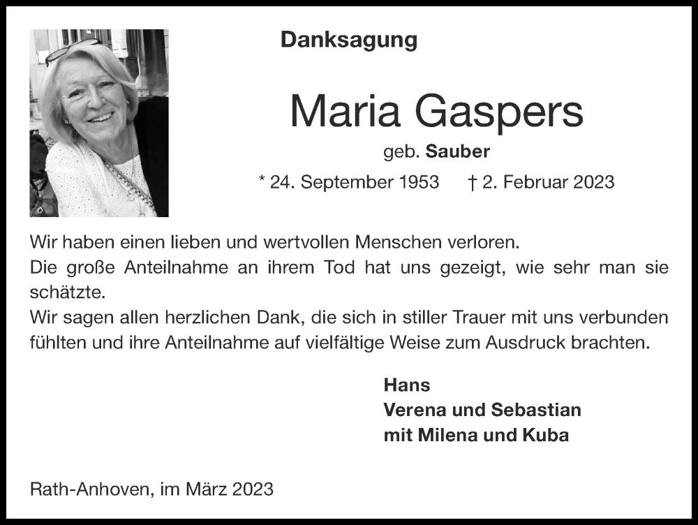 Traueranzeigen von Maria Gaspers Aachen gedenkt