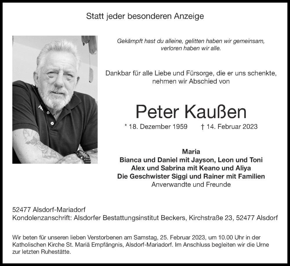  Traueranzeige für Peter Kaußen vom 19.02.2023 aus Zeitung am Sonntag