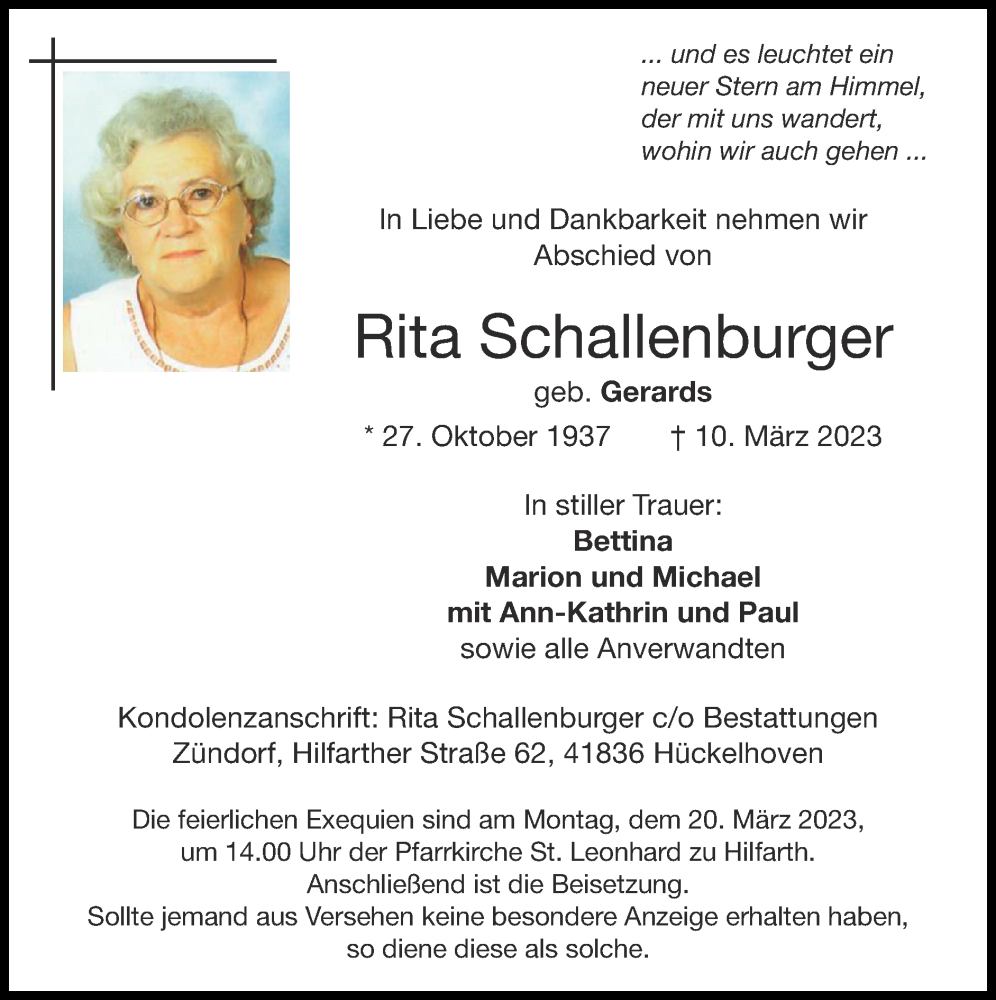 Traueranzeigen Von Rita Schallenburger Aachen Gedenkt 