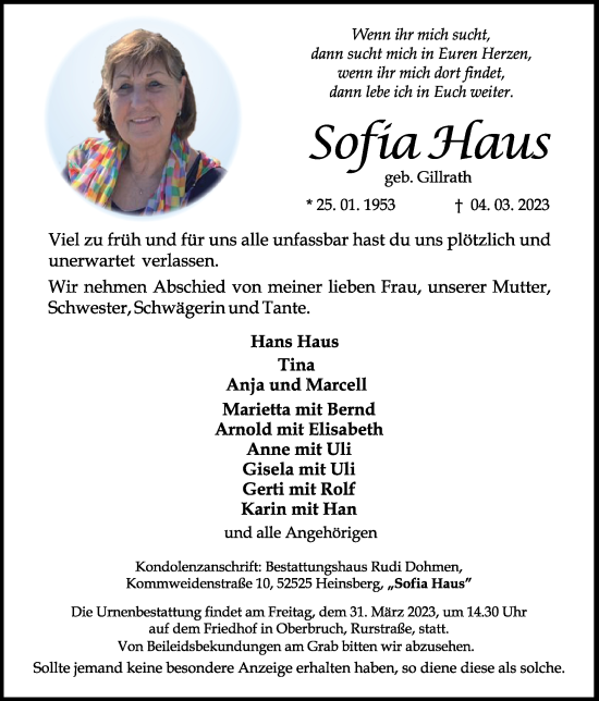 Traueranzeige von Sofia Haus von Zeitung am Sonntag