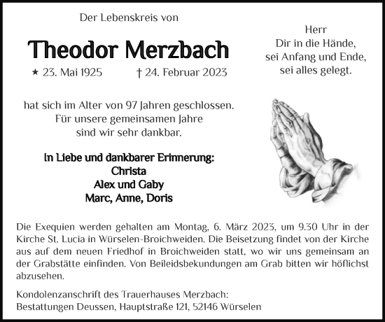 Traueranzeigen Von Theodor Merzbach Aachen Gedenkt