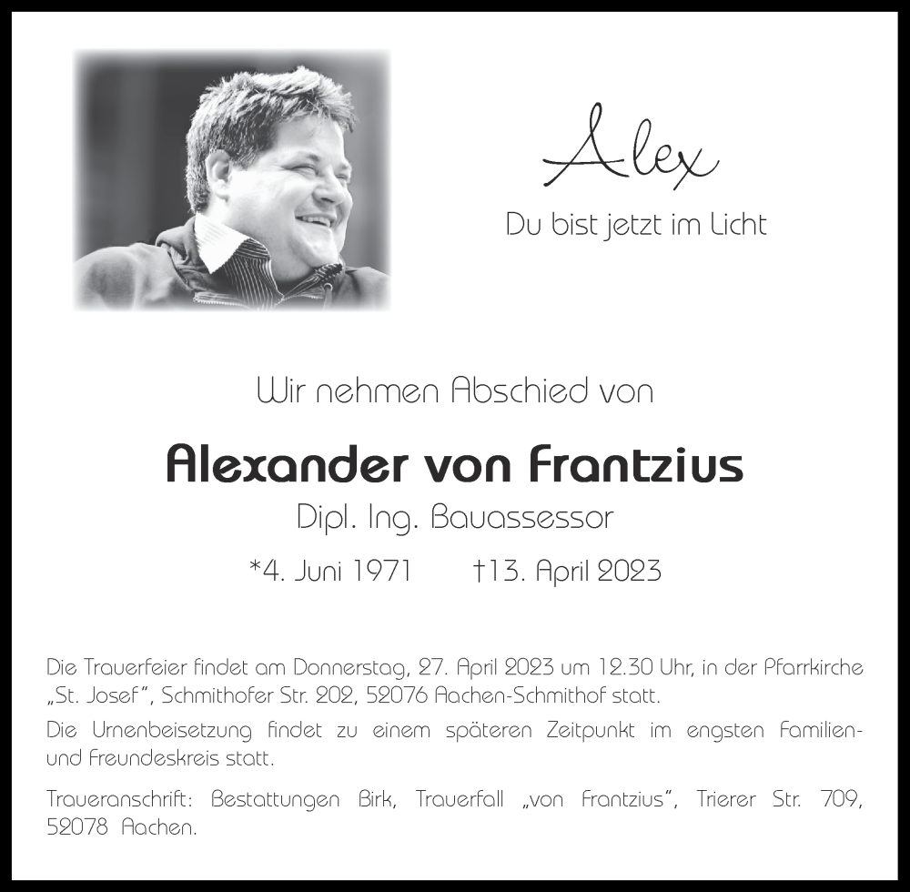  Traueranzeige für Alexander von Frantzius vom 22.04.2023 aus Aachener Zeitung