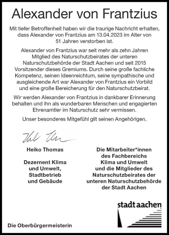  Traueranzeige für Alexander von Frantzius vom 29.04.2023 aus Aachener Zeitung