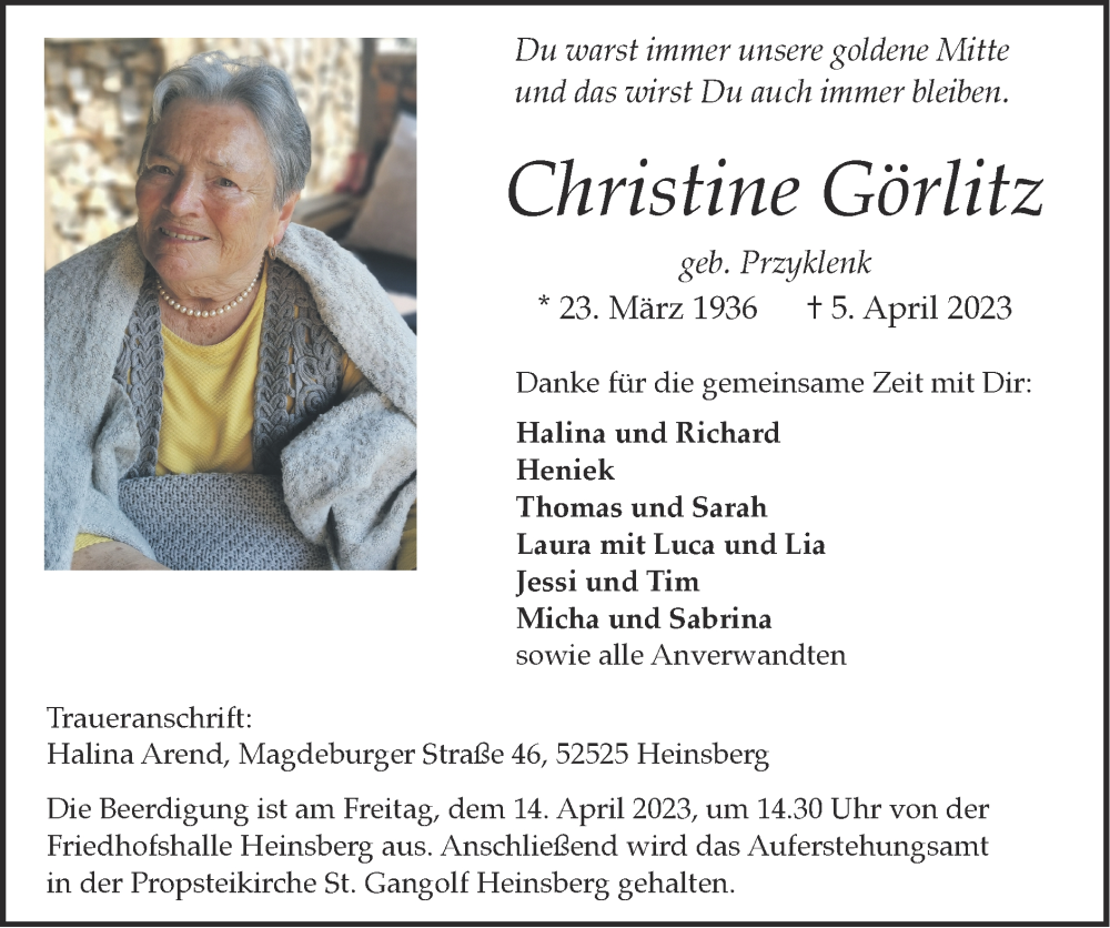 Traueranzeigen von Christine Görlitz | Aachen gedenkt