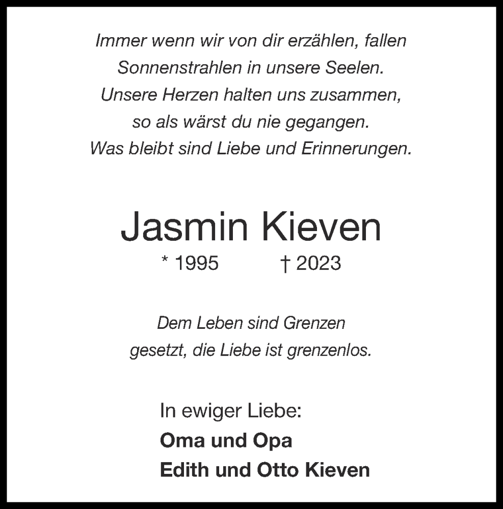 Traueranzeigen von Jasmin Kieven | Aachen gedenkt