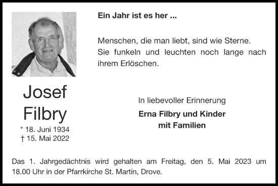 Traueranzeige von Josef Filbry von Zeitung am Sonntag