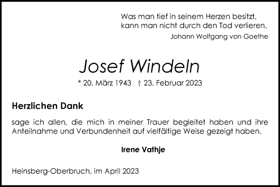 Traueranzeige von Josef Windeln von Zeitung am Sonntag