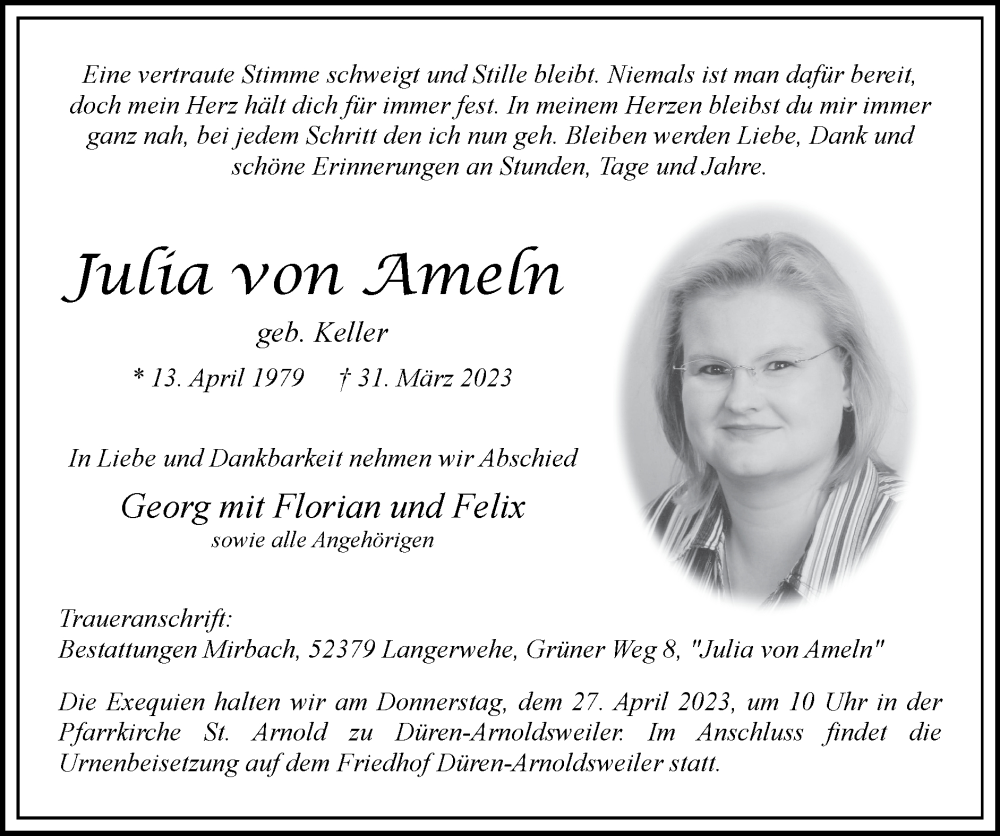  Traueranzeige für Julia von Ameln vom 23.04.2023 aus Zeitung am Sonntag