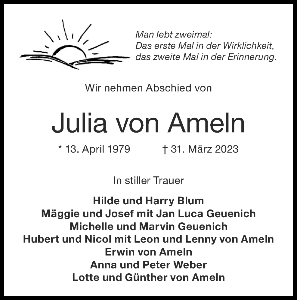  Traueranzeige für Julia von Ameln vom 23.04.2023 aus Zeitung am Sonntag