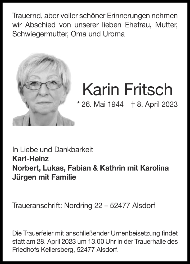  Traueranzeige für Karin Fritsch vom 16.04.2023 aus Zeitung am Sonntag