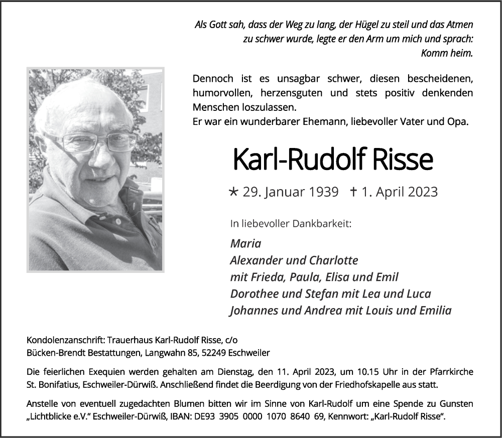  Traueranzeige für Karl-Rudolf Risse vom 09.04.2023 aus Zeitung am Sonntag