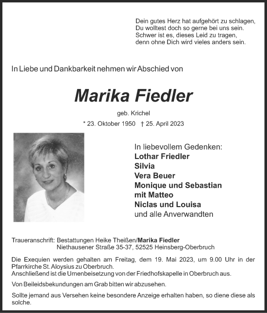 Traueranzeige von Marika Fiedler von Zeitung am Sonntag