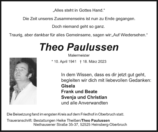 Traueranzeige von Theo Paulussen von Zeitung am Sonntag