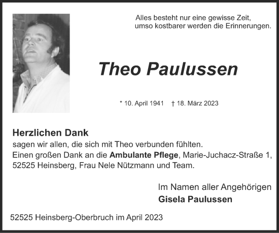 Traueranzeige von Theo Paulussen von Zeitung am Sonntag