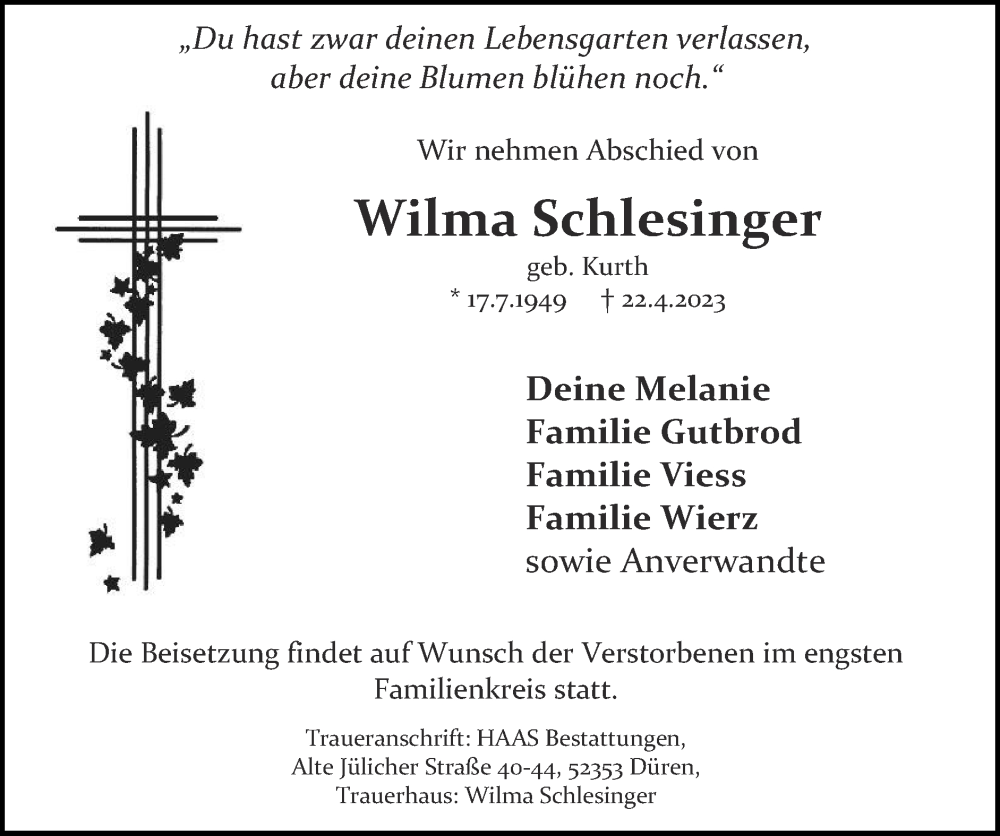  Traueranzeige für Wilma Schlesinger vom 30.04.2023 aus Zeitung am Sonntag