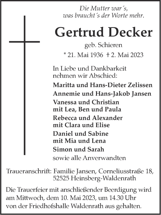 Traueranzeigen Von Gertrud Decker | Aachen Gedenkt