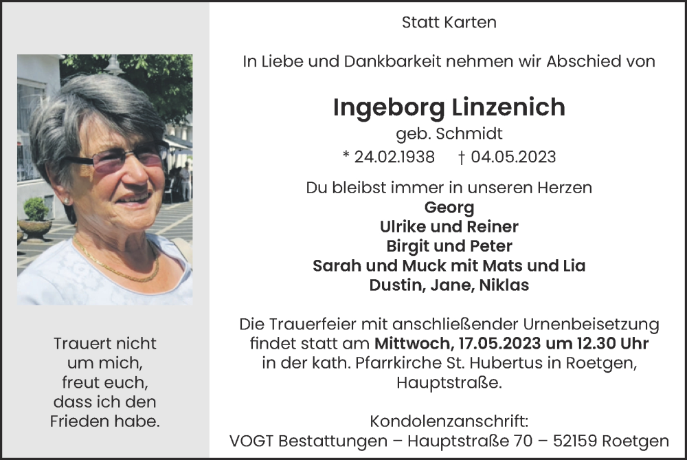  Traueranzeige für Ingeborg Linzenich vom 14.05.2023 aus Zeitung am Sonntag