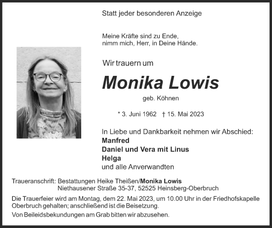 Traueranzeige von Monika Lowis von Zeitung am Sonntag