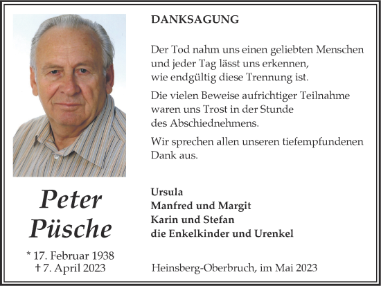 Traueranzeige von Peter Püsche von Zeitung am Sonntag