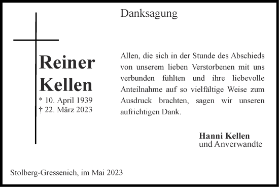 Traueranzeige von Reiner Kellen von Zeitung am Sonntag