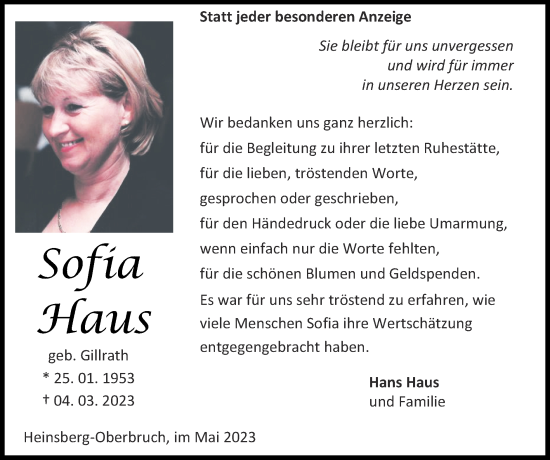 Traueranzeige von Sofia Haus von Zeitung am Sonntag