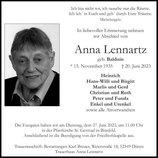 Traueranzeigen von Anna Lennartz | Aachen gedenkt