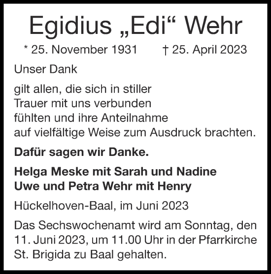 Traueranzeige von Egidius Wehr von Zeitung am Sonntag