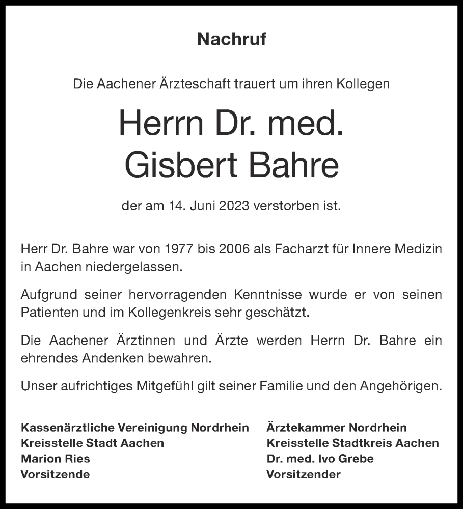  Traueranzeige für Gisbert Bahre vom 24.06.2023 aus Aachener Zeitung