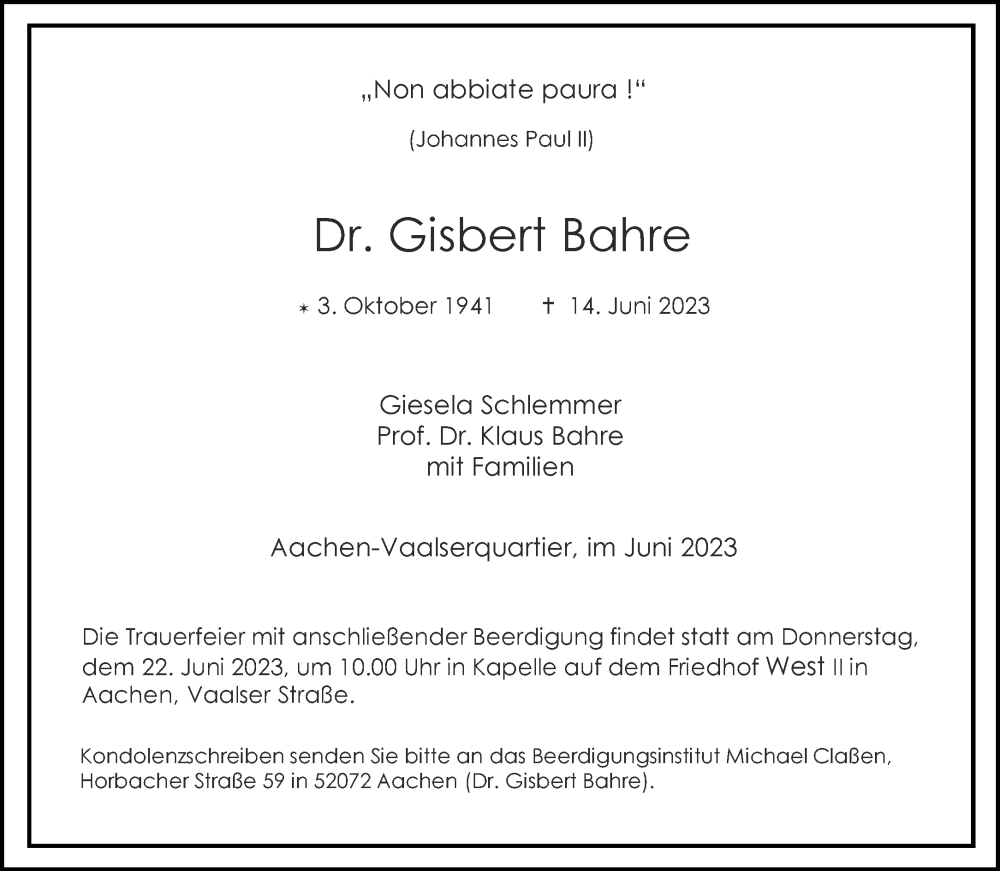  Traueranzeige für Gisbert Bahre vom 17.06.2023 aus Aachener Zeitung