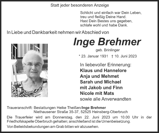 Traueranzeige von Inge Brehmer von Zeitung am Sonntag