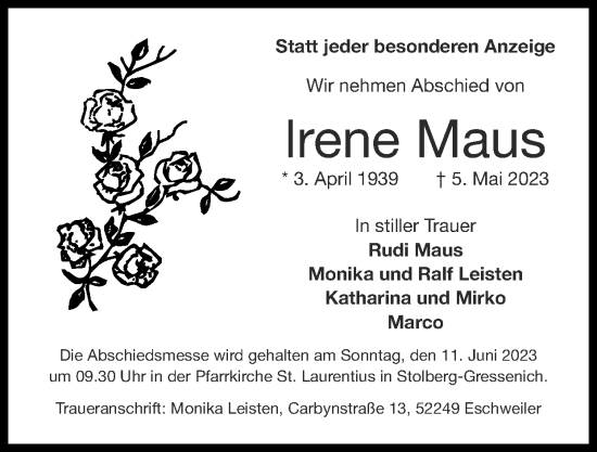 Traueranzeige von Irene Maus von Zeitung am Sonntag