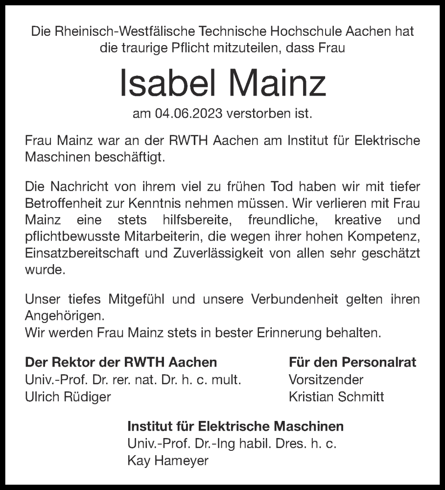  Traueranzeige für Isabel Mainz vom 17.06.2023 aus Aachener Zeitung