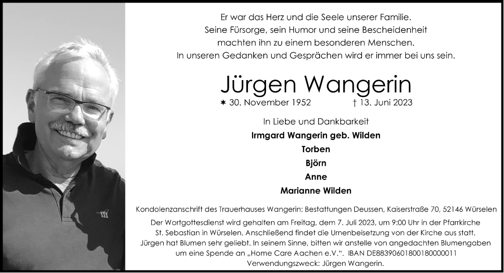  Traueranzeige für Jürgen Wangerin vom 24.06.2023 aus Aachener Zeitung