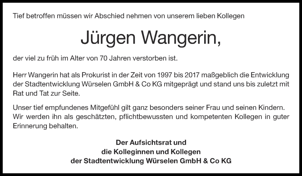  Traueranzeige für Jürgen Wangerin vom 25.06.2023 aus Zeitung am Sonntag