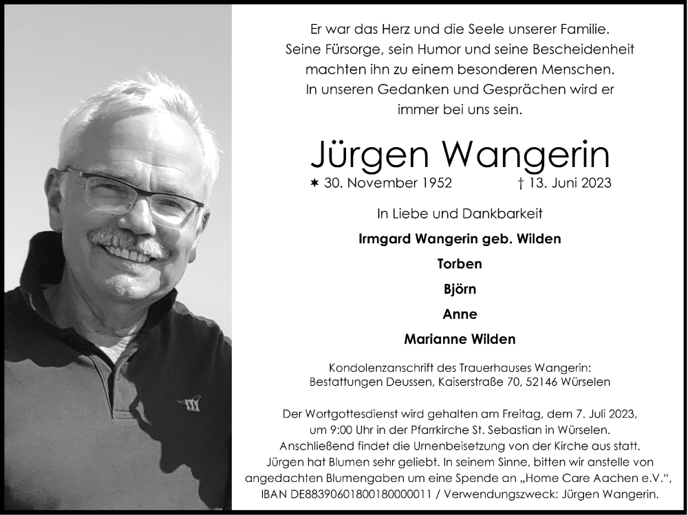  Traueranzeige für Jürgen Wangerin vom 25.06.2023 aus Zeitung am Sonntag