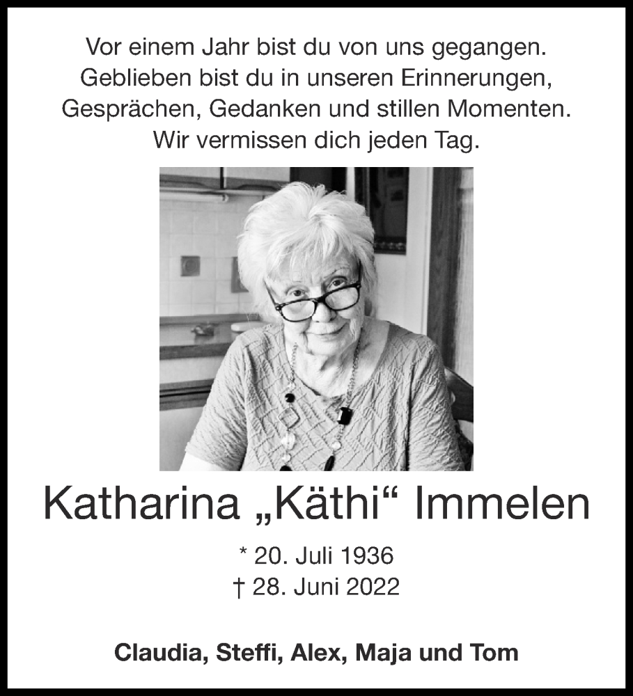  Traueranzeige für Katharina  Immelen vom 24.06.2023 aus Aachener Zeitung