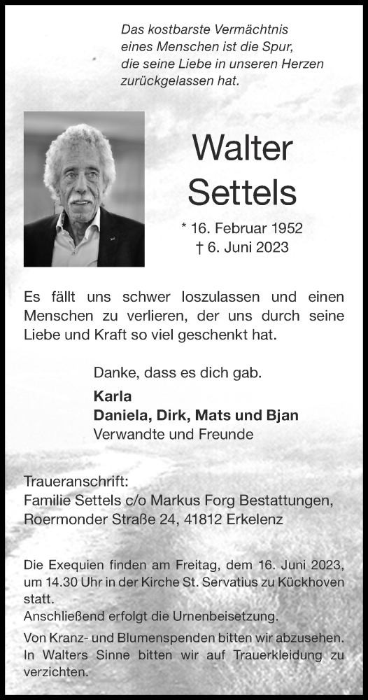  Traueranzeige für Walter Settels vom 11.06.2023 aus Zeitung am Sonntag