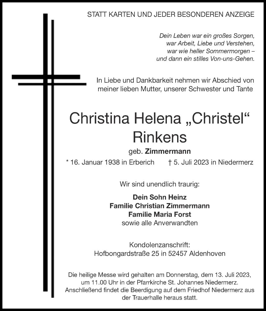 Traueranzeigen Von Christina Helene Rinkens Aachen Gedenkt