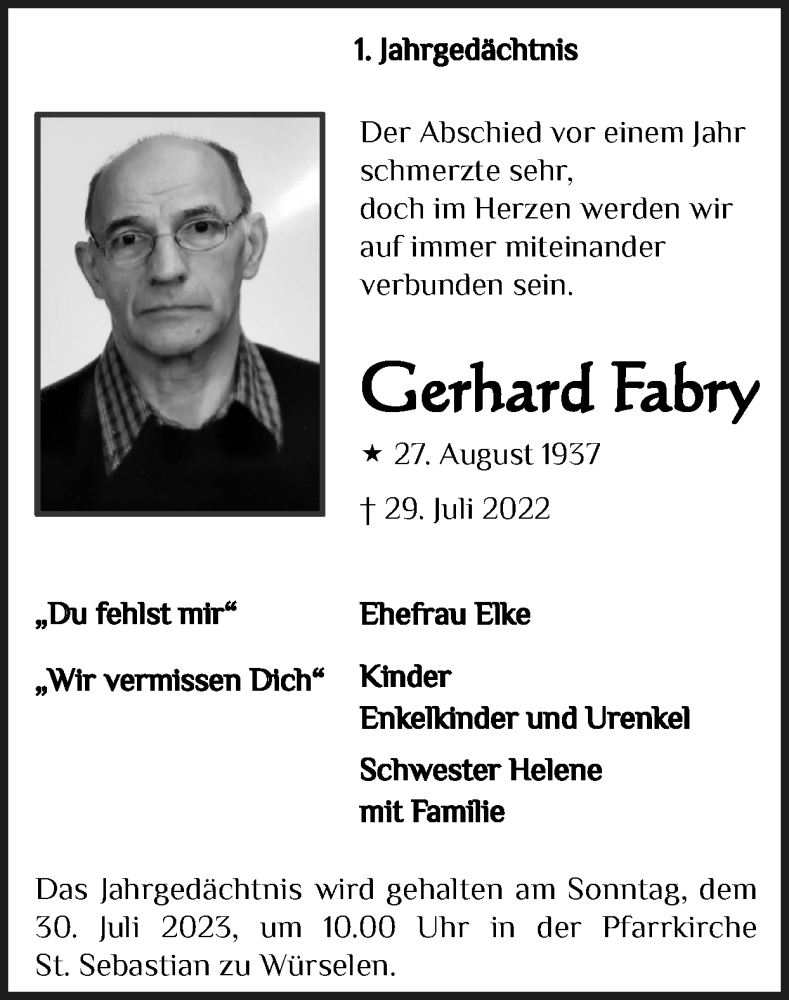  Traueranzeige für Gerhard Fabry vom 23.07.2023 aus Zeitung am Sonntag