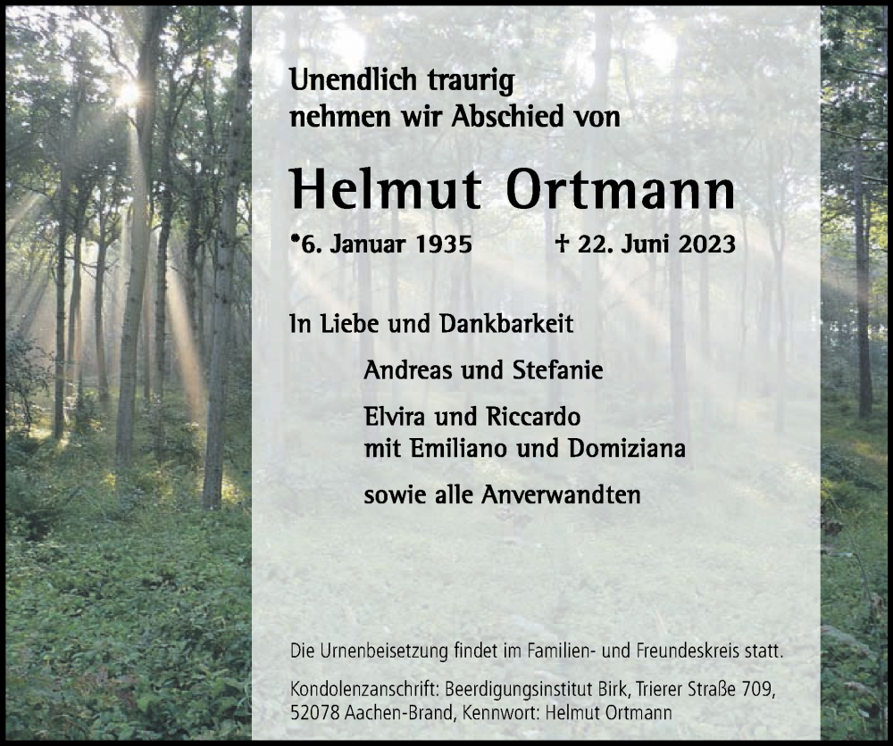 Traueranzeigen Von Helmut Ortmann | Aachen Gedenkt