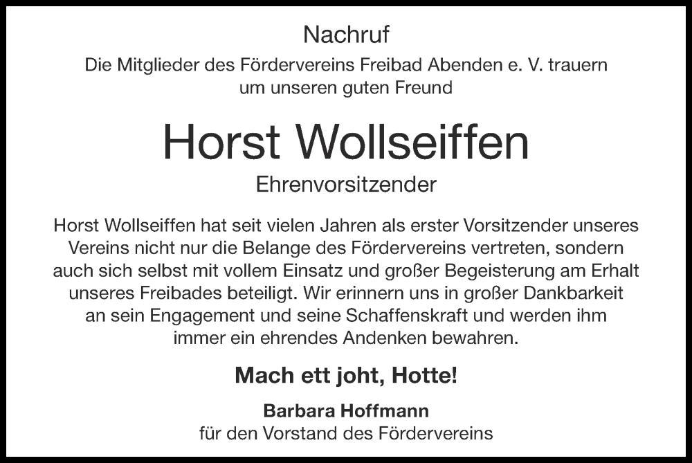  Traueranzeige für Horst Wollseiffen vom 30.07.2023 aus Zeitung am Sonntag