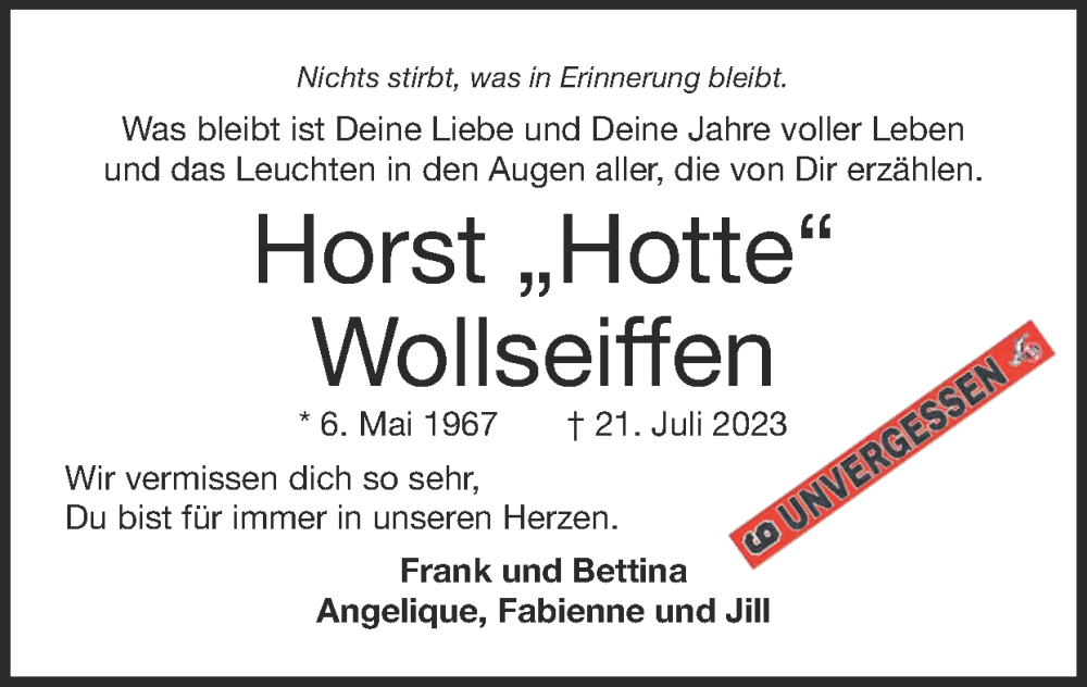  Traueranzeige für Horst Wollseiffen vom 30.07.2023 aus Zeitung am Sonntag