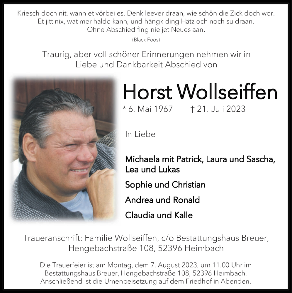  Traueranzeige für Horst Wollseiffen vom 30.07.2023 aus Zeitung am Sonntag