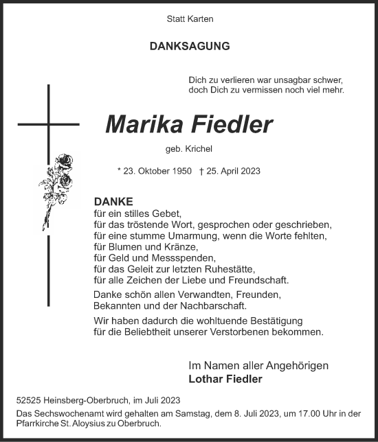 Traueranzeige von Marika Fiedler von Zeitung am Sonntag