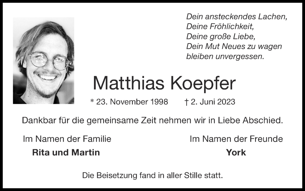  Traueranzeige für Matthias Koepfer vom 16.07.2023 aus Zeitung am Sonntag